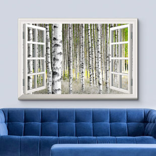 IDEA4WALL Window Scenery Birch Trees In Bright Sunshine In Late Summer On Canvas Print