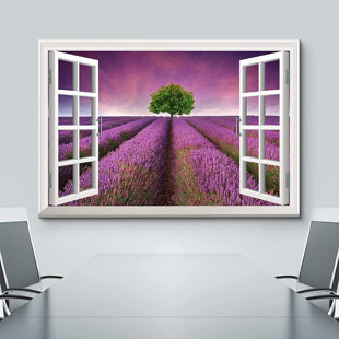 IDEA4WALL Window Scenery Purple Lavender Field On Canvas Print