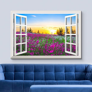 IDEA4WALL Window Scenery Sunrise Over The Blossom Flowers On Canvas Print