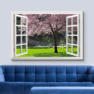 IDEA4WALL Window Scenery Cherry Blossom In Spring On Canvas Print