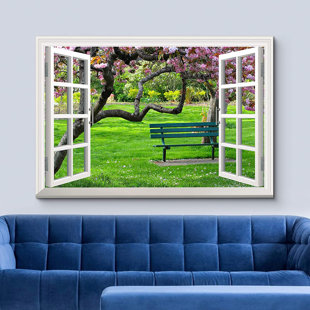 IDEA4WALL Window Scenery Cherry Blossom and Green Meadow in Spring Park - Wrapped Canvas Graphic Art Print