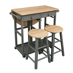YU SHAN CO. USA, LTD. 4-Piece Casual Home Drop Leaf Hardwood Breakfast Cart With 2 Wooden Nesting Stools, Gray
