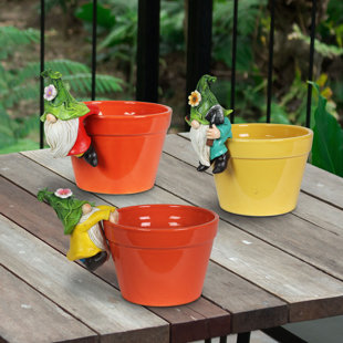 EXHART 3 Piece Leaf Hat Pot Percher Gnome Set