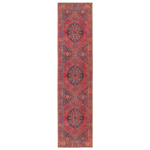 KATE LESTER + JAIPUR LIVING Machine Washable Harman Oriental Power Loom Polyester Area Rug in Red/Blue