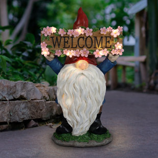Exhart Solar Hand Painted Gnome with a Flowered Welcome Sign Garden Statue, 7 by 11.5 Inches