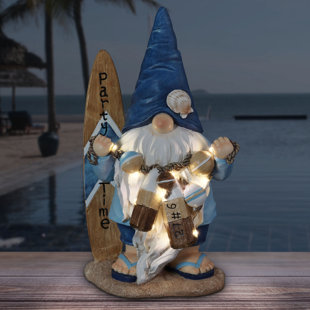 Exhart Solar Surfer Beach Hand Painted Garden Gnome Statue with Party Time Surf Board