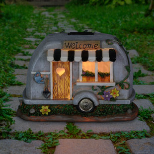 Exhart Solar Hand Painted Camping Trailer Statue with Welcome Sign, 5 by 6 Inches