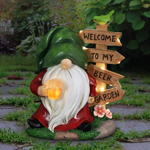 Exhart Solar Gnome with a Welcome to my Beer Garden Sign, 8 by 9.5 Inches