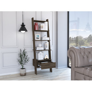 MILLWOOD PINES Ashunti Ladder Bookcase, With Five Open Shelves, One Drawer, Four Legs- Dark Walnut