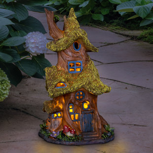 Exhart Solar Thatch Roof Filigree Fairy House Garden Statue, 13 Inch