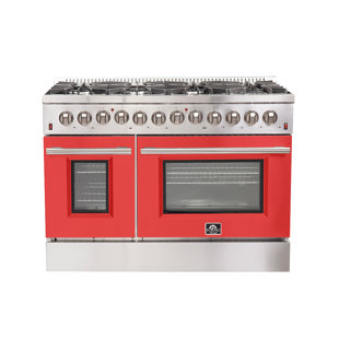 Forno Galiano 48" French Door Dual Fuel Range in white, black, blue or red, 107,000 BTU, 6.58 cu.ft. Double Ovens & Griddle