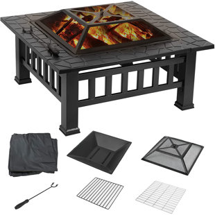 RED BARREL STUDIO® 32'' Patio Outdoor Wood Burning Fireplace, Metal Bonfire Square Fire Pit, with/ Spark Screen, Log Grill Grate, Poker, 600D Cloth Cover