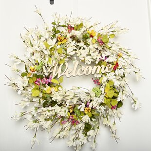 PRIMRUE 24" Welcome Forsythia Berry Floral Wreath for Front Door