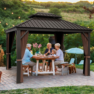EGEIROS LIFE 12 Ft. W x 10 Ft. D Double Roof Hardtop Aluminum Patio Gazebo with Netting and Curtains