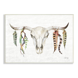 STUPELL INDUSTRIES Longhorn Animal Skull South Western Cattle Patterned Feathers Oversized White Framed Giclee Texturized Art By Marla Rae
