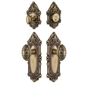 GRANDEUR Grande Victorian Long Plate Complete Entry Set with Single Cylinder Deadbolot and Grande Victorian Knob