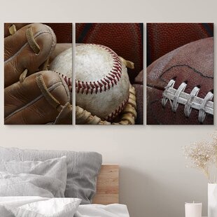 IDEA4WALL Sport " Close Up Shot Of Well Worn Baseball In Baseball Glove, Football And Basketball " 3 - Pieces