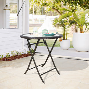 PEAK HOME FURNISHINGS Patio Wicker Folding Bistro Table Tempered Glass Dining Table