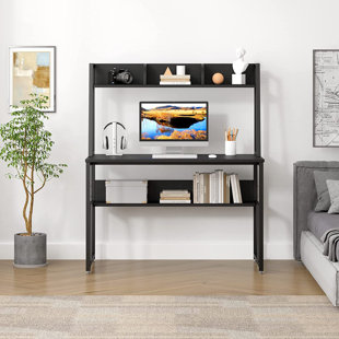 LEVI BEER Computer Desk, 47″ Writing Desk With Hutch And Bookshelf, Large Space PC Laptop Computer Workstation For Home Office (Black)