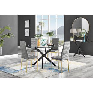 CANORA GREY Tierra Modern Chrome Metal & Glass Round Dining Table Set with 4 Quilted Faux Leather Chairs