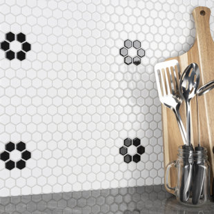 MEROLA TILE Metro 1" Hex Glossy White with Single Flower 10-1/4 in. x 11-7/8 in. Porcelain Mosaic Floor and Wall Tile