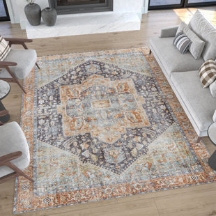 TAYSE RUGS Machine Washable Oriental Flatweave Cotton Navy/Orange Area Rug