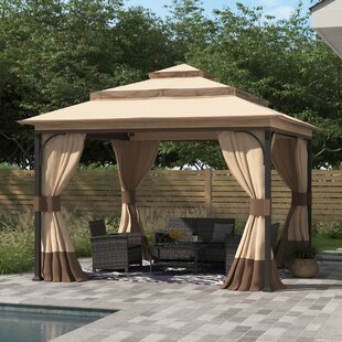 Sunjoy 13x13 ft. Steel Gazebo with 3-Tier Canopy Roof, Outdoor Steel Frame Soft Top Gazebo with Netting and Curtains