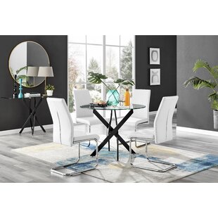 FURNITURE BOX Tierra Modern Chrome Metal & Glass Round Dining Table Set with 4 Upholstered Faux Leather Chairs