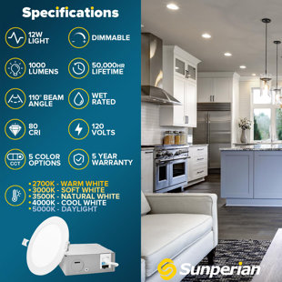 SUNPERIAN 6" Ultra Slim Selectable CCT New Construction IC LED Canless Recessed Lighting Kit (Set of 6)