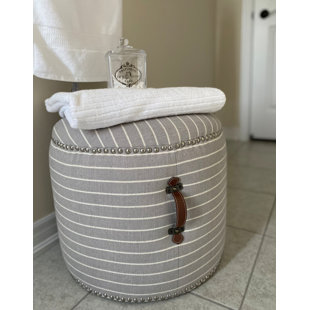 SEAT4U Johnson 20" Pouf Ottoman Upholstered with Ticking Stripe Linen Fabric