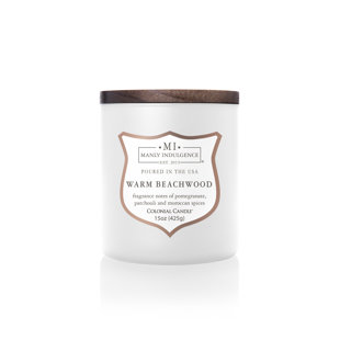 MANLY INDULGENCE Signature Warm Beachwood 15 oz Wooden Wick Soy Wax Scented Jar Candle, Up to 60 Hours Burn
