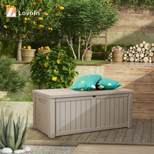 LovoIn 56.25'' W 120 Gallons Water Resistant Resin Lockable Deck Box in Light Brown
