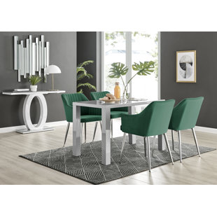 CANORA GREY Pivero High Gloss Rectangle Dining Table With Velvet Dining Chairs