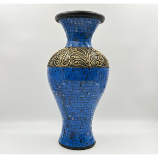 ROSDORF PARK Zorigs Floor Vase, 24 Inch Mosaic Vase – Tall Cylinder Made of Terracotta with Peacock Blue Glass Mosaic Pieces – Handcrafted Decorative Home Décor Accent Piece for Bedroom, Living Room, Office