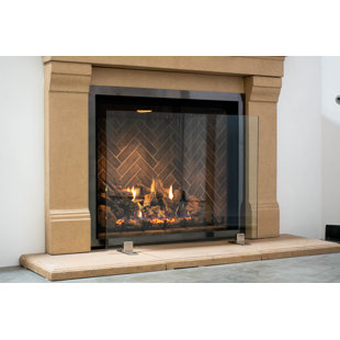 Modern Free Standing Clear Glass Fireplace Screen with Black Feet - by AMS Fireplace