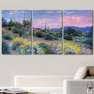 IDEA4WALL Nature Landscape Western Desert Flowers At Sunset Photograph Framed Canvas 3 Pieces Print Wall Art