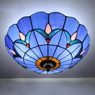 LAKIQ Stained Glass Tiffany Bowl Flush Ceiling Light