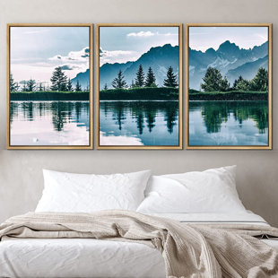 IDEA4WALL Noway Natural Landscape Green Mountain Lake Forest Reflection Framed Canvas 3 Pieces Print Wall Art