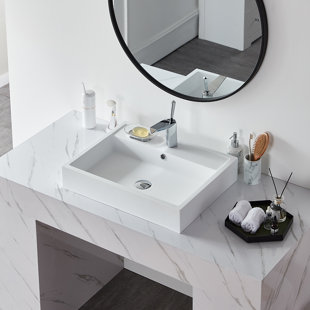 Pensen 24"x19" Rectangle Vessel Sink With Faucet Hole,matte White Bathroom Art Sink Above Counter With Overflow, Stone Resin Vanity Sink Basin Washing Bowl Set,sink And Pop Up Drain Combo