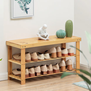 MONIBLOOM 3 Tiers Shoes Changing Stool Bench, Heels Sneaker Bamboo Shoe Rack with Seat Changing Stool for Home