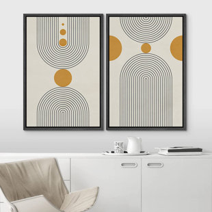 Mid-Century Modern Boho IDEA4WALL Framed Canvas Print Wall Art Set Yellow Dot Geometric Spiral Nature Wilderness Illustrations Art Rustic Decorative For Living Room, Bedroom.