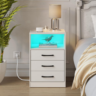 Orren Ellis Nightstand With 3 Drawers Open Storage, Wireless Charging and LED Lights