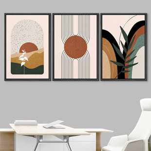 Mid Century Modern Boho IDEA4WALL Framed Canvas Print Wall Art Set Geometric Tropical Landscape Abstract Shapes Illustrations Minimalism Bohemian Decorative For Living Room, Bedroom, Office - 24"X36"X3 Natural