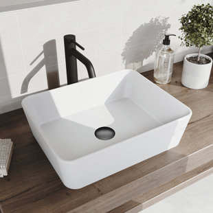 VIGO Marigold 18" L x 14" W x 5" H Rectangular White Matte Stone Vessel Bathroom Sink with 10" H Faucet