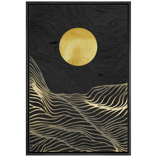 IDEA4WALL Geometric Black Gold Mountain Wave Sun Framed On Canvas Print