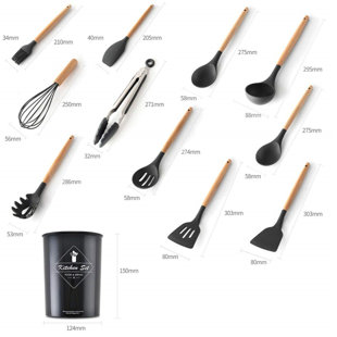 BELFRY KITCHEN Kitchen Utensils Set, 12 Pcs Non-Stick Silicone Cooking Kitchen Utensils Spatula Set With Holder, Cooking Spatula Turner Heat Resistant Tools With Wooden Handle (Black Grey)