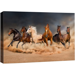 Running Horses " IDEA4WALL Framed Canvas Print Wall Art Gallopin Brown Horses In Desert Animals Wildlife Photography Modern Art Southwest Scenic Relax/Calm Warm For Living Room, Bedroom, Office "