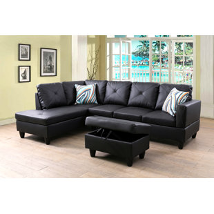 AINE HOME 96" Wide Faux Leather Left Hand Facing Sofa & Chaise with Ottoman