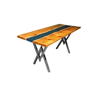 REBIRTHPRO Worktop Cedar Table With River Solid Wood Top Silver Base