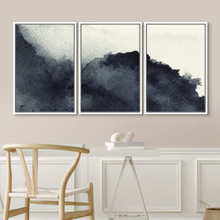 IDEA4WALL Triptych Faded Gradient Zen Ink Dots Abstract Framed Canvas Art 3 Pieces Painting Print Wall Decor